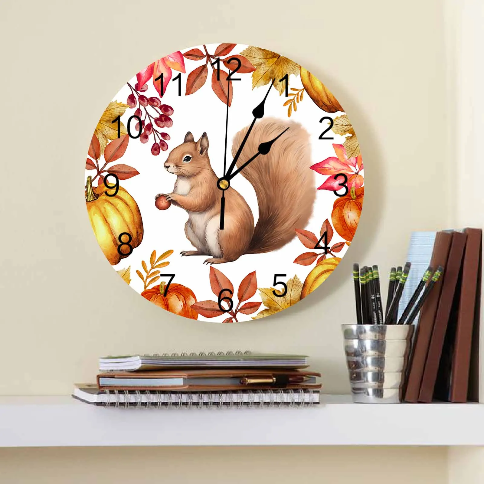 Plants Maple Leaf Pumpkin Berry Squirrel Watercolor Wall Clock Modern Silent Clock Living Room Home Decor Wall Hanging Watch