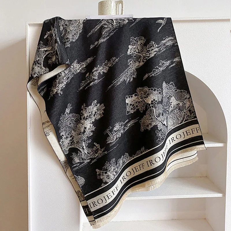 

Hot Landscape Painting Pashmina Women's Scarf Warm Imitation Cashmere Shawl Autumn Winter Long Style Ladies Cape Cloak