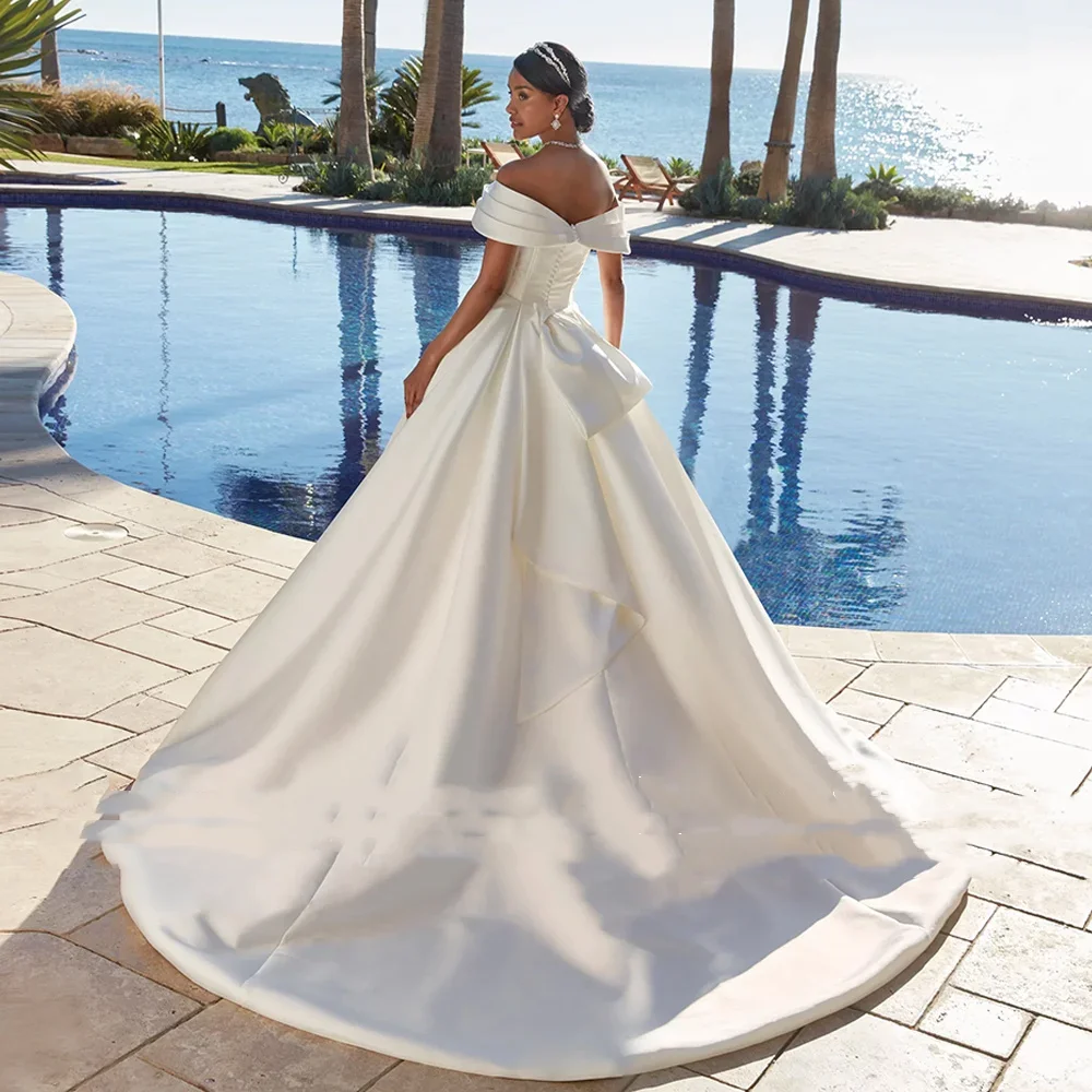 여성 신부를 위한 맞춤형 웨딩드레스, 플리츠 오프숄더 V넥 스윕 트레인 백 지퍼 버튼 볼 가운 브라이덜 드레스