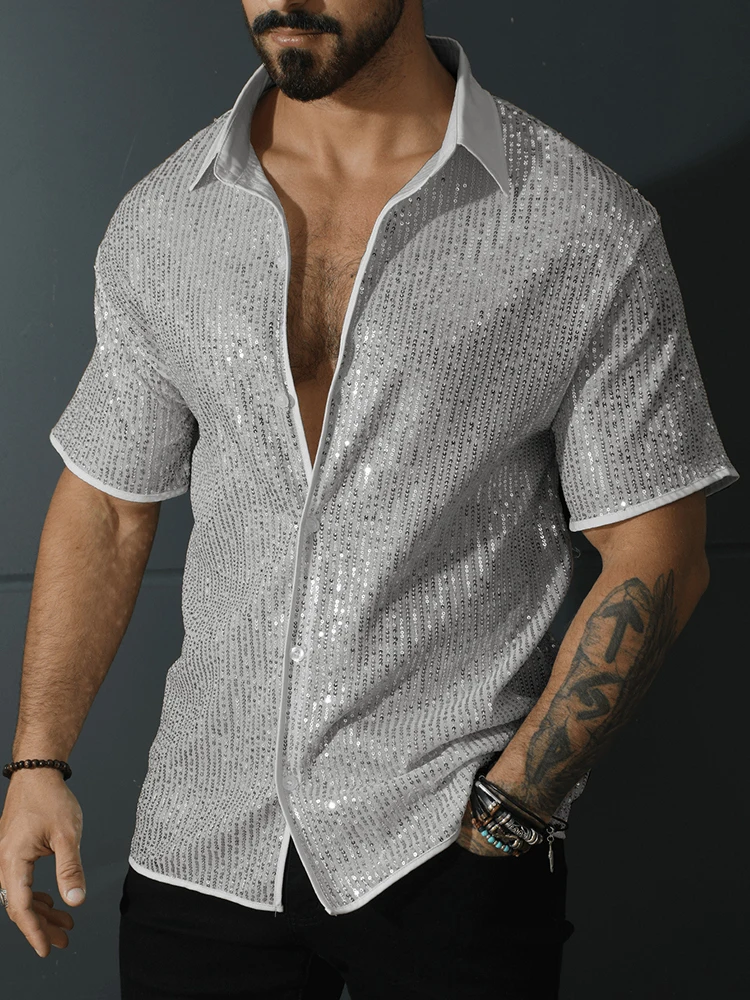2026 Summer Fashionable Mens Sequin Shirt Tops Vintage Lapel Button-up Short Sleeve Shirts Men Stylish Shiny Glitter Shirts