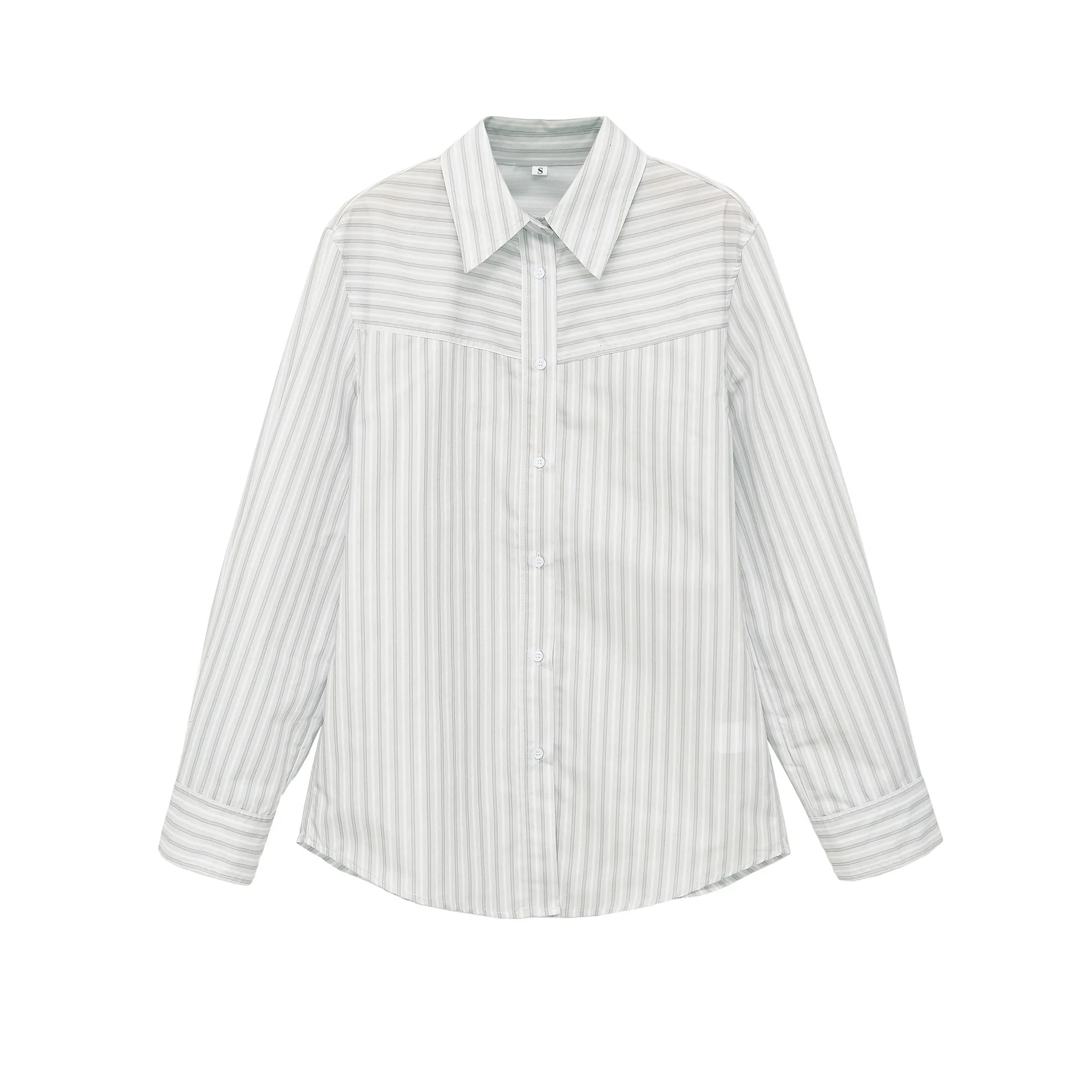 Gray Striped Patchwork Long Sleeve Shirt Point Collar Button Down Loose Fit Casual Blouse Soft Fabric For Women Daily Wear W540
