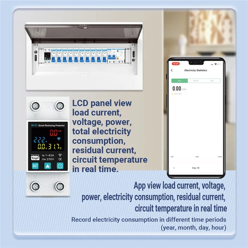 AB46-New 1P 1-63A Tuya Wifi Smart Circuit Breaker LED Display Switch With Power Metering Smart Life Control Via Alexa Home