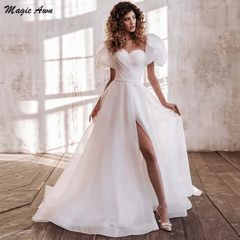 

Magic Awn White Organza Wedding Dresses Thigh Split Short Puffy Sleeves Lace-Up Back Bridal Gowns Boho For Women Vestidos Novia