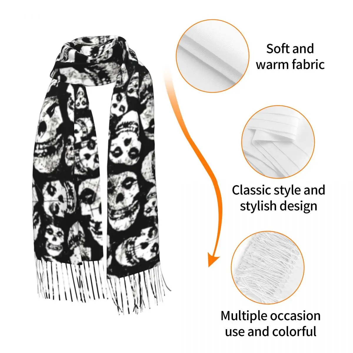 Custom Rock Punk Band Misfits Skull Face Pattern Scarf Wrap for Women Long Winter Warm Tassel Shawl Unisex Heavy Metal Scarves