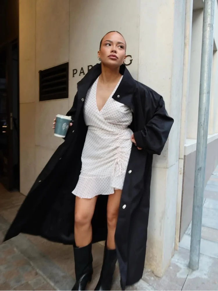 Black Trench Coat Women Autumn Windbreaker Loose