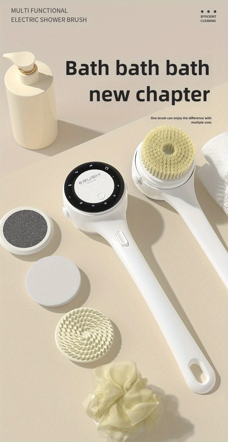 Electric Shower Brush LED Display Rotating Multifunctional Shower Brush 5 Brush Heads 3-Speed Detachable for Back Face & Shower