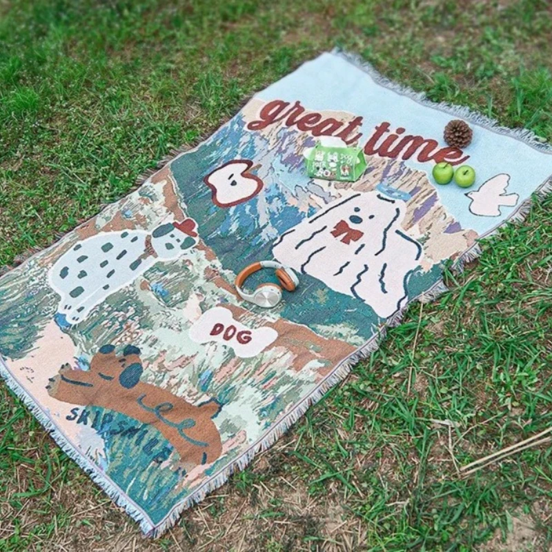 Cute Dog Cotton Thread Blankets Sofa Throw Cartoon Puppy Park Outdoor Camping Picnic Blanket Korean Style Decorative Tapestry
