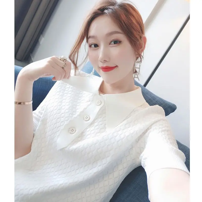 French Small Fragrance Hollow Sweater for Women Thin Loose Summer Short Sleeve POLO Lapel Short Top
