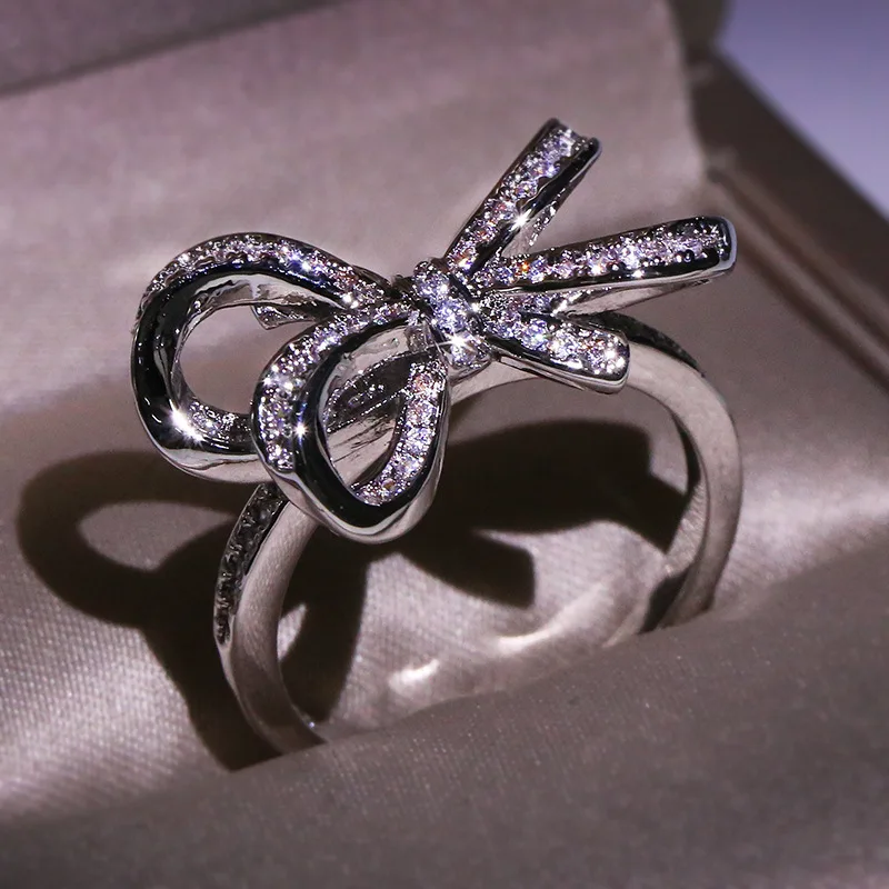 925 Sterling Silver Classic Big Bow Bow Bow Zircon Ring For Ladies Fashion Birthday Wedding Engagement Jewelry Gift