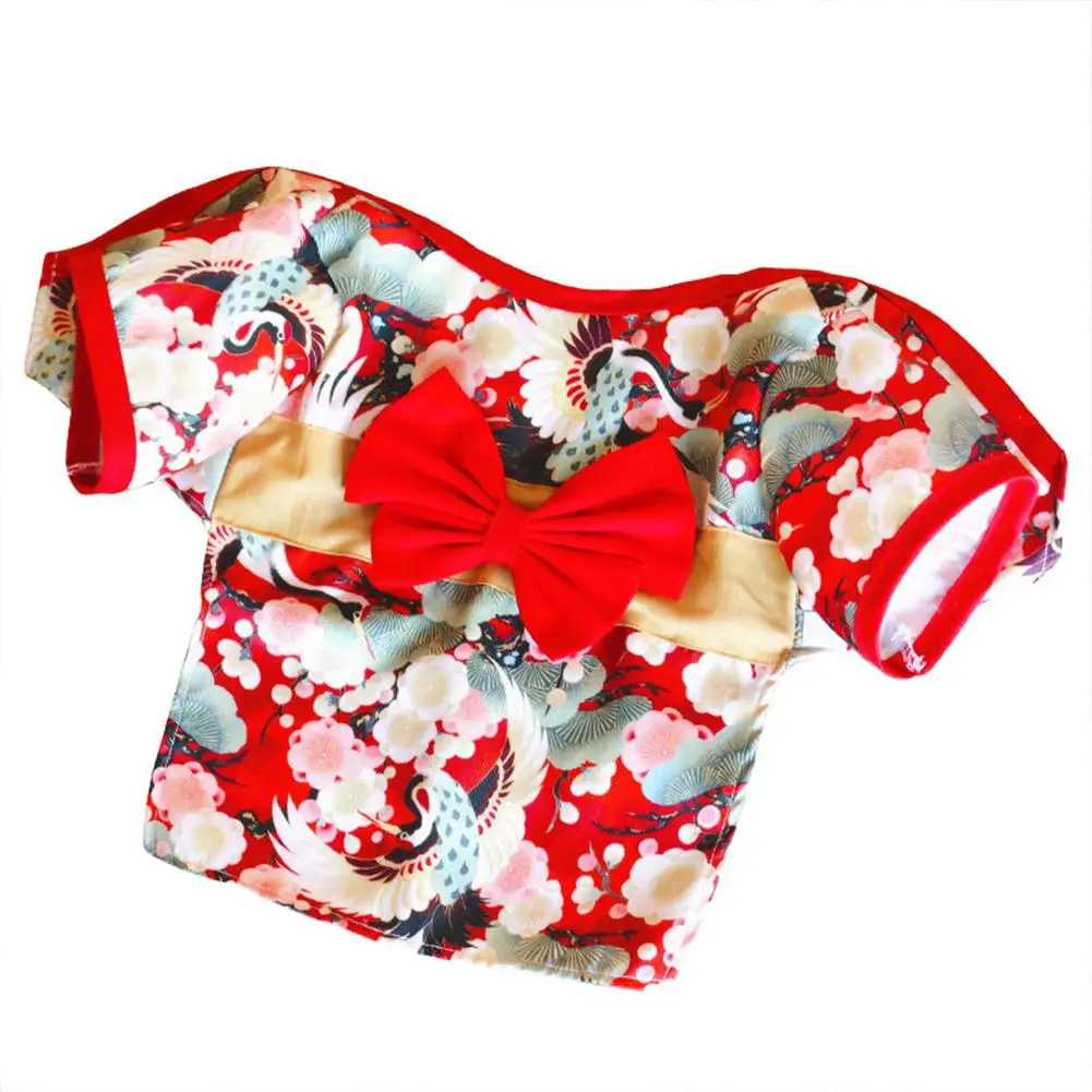 Pets Printed Kimono With Bowknot Girdle Fashionable Japanese Style Waist Magic Buckle Neckline Snap Buttons Clothes For Dogs Cat