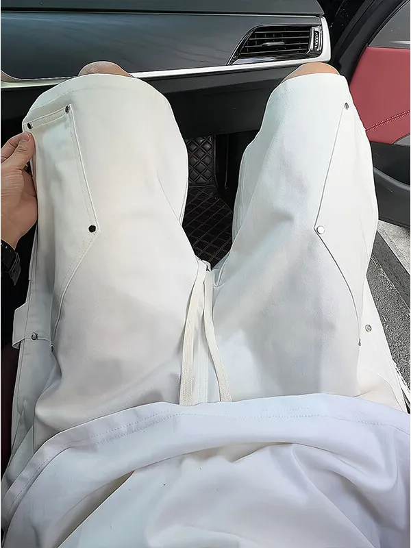 

White Pure Cotton Rivet Workwear orts Men's Summer Design Log Cutting Straight Leg Five-Quarter mid Waist Casual Pants