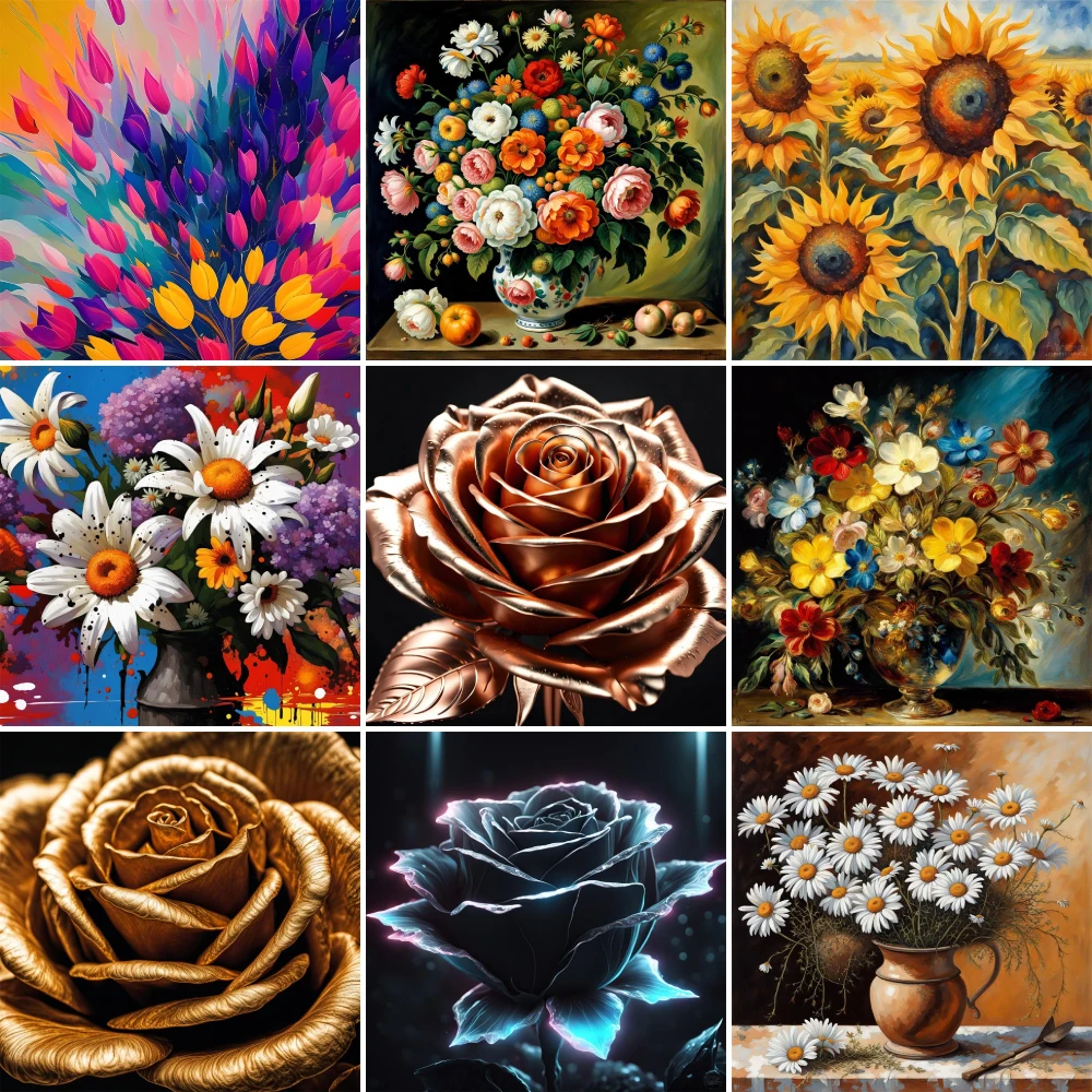 Flowers Rose Chrysanthemum Sunflower Cross Stitch Complete Kit Embroidery Sewing Hobby Painting Handiwork Jewelry Floss Needle