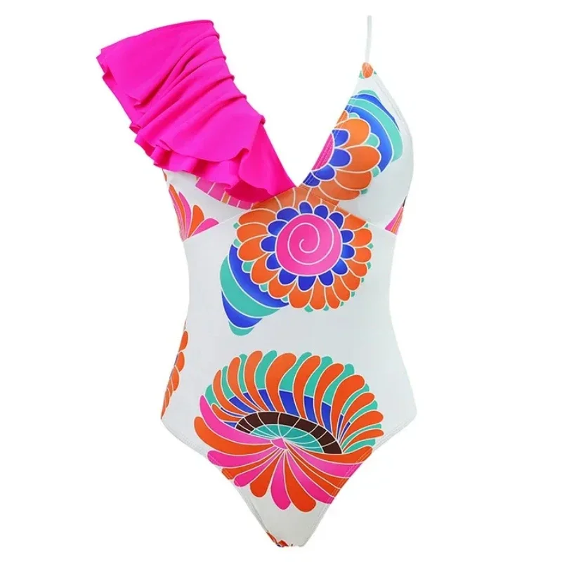 2024 Sexy One Piece Swimsuit Swimwear Women Big Ruffle V-neck Print Bathing Suit Beachwear Banadores Mujer Maillot De Bain Femme