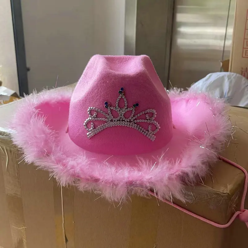 Women\'s Pink West Cowgirl Hat Girls Tiara Feather Felt Western Sequin Cowboy Cap Costume Party Dress Jazz Caps Cosplay Props