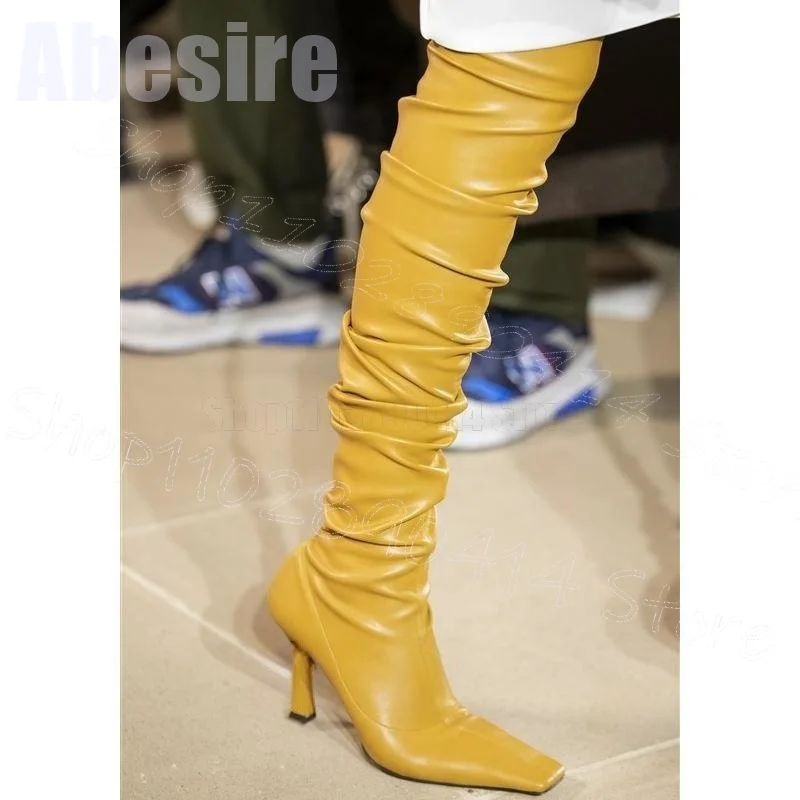 

Yellow Pleated Design Square Toe Runway Boots Slip On Women Shoes Thin High Heels Party Banquet Dating 2024 Zapatos Para Mujere