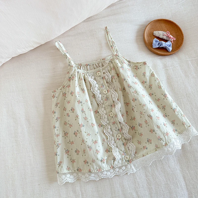 Girls' Korean Edition Countryside Cute Style Lace Small Flower Printed Hanging Top 2025 New Summer Sweet Vest Children's
