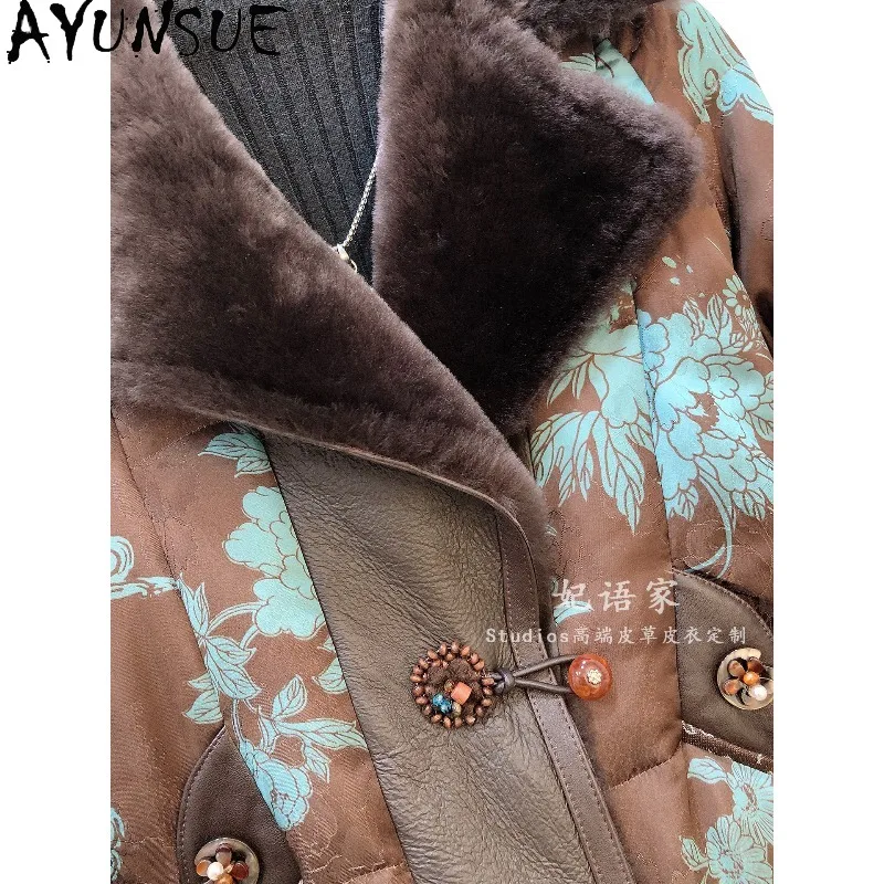 AYUNSUE Women's Down Coats Short Chinese Style Jacquard Jackets for Woman Fur and Leather Integrated Collar Coat Woman Clothes view 4