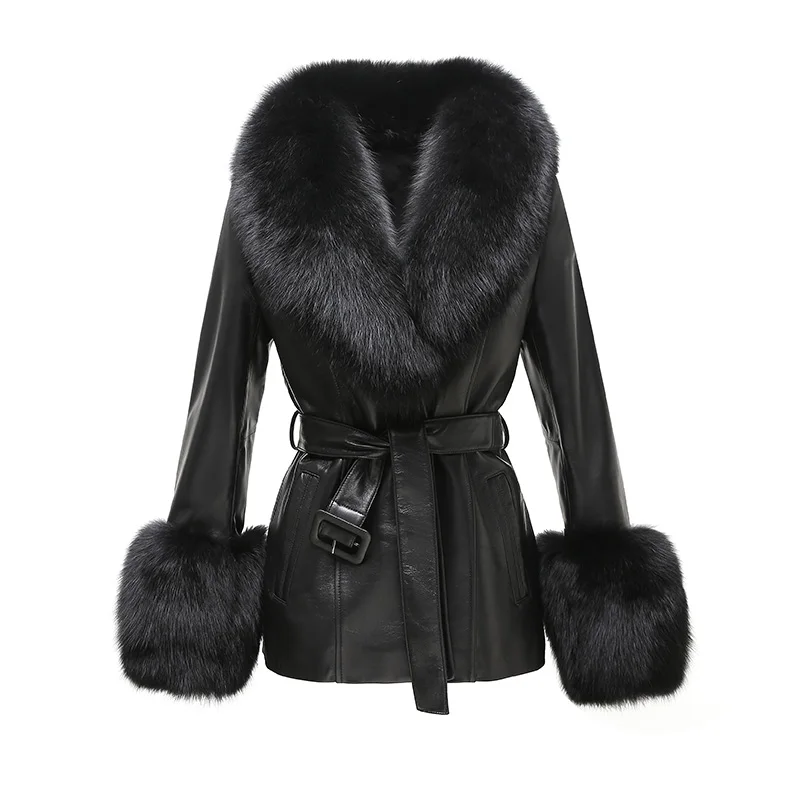 

New Autumn Winter Fox Fur Collar Real Leather Jacket Women Lady Streetwear Leather Coats FG5077