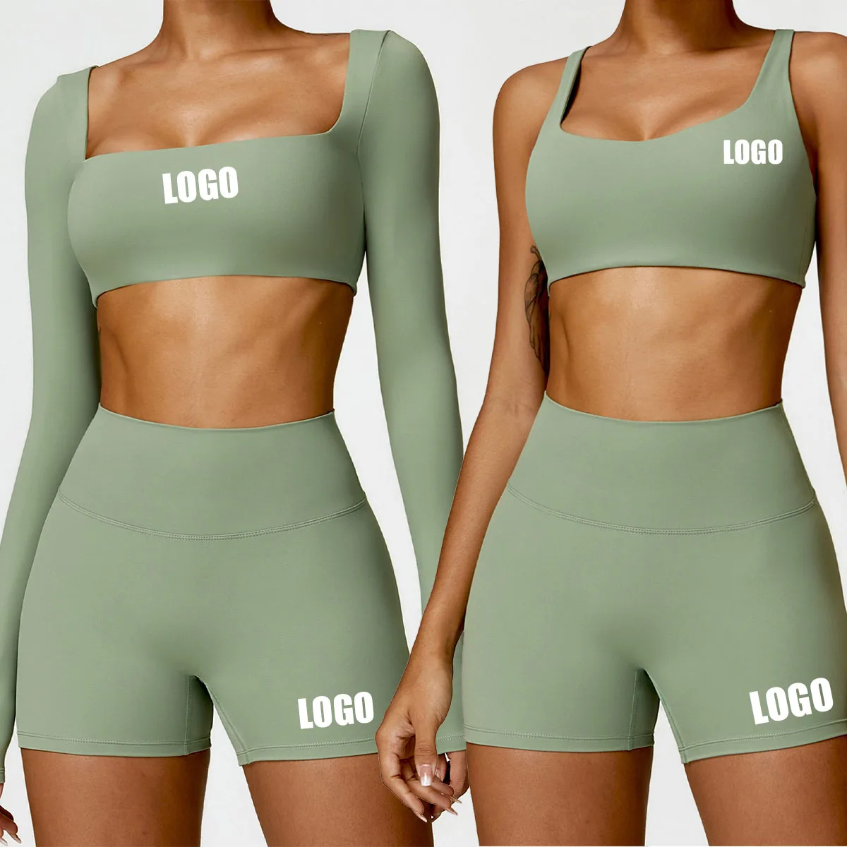 

Женский летний телесный облегающий комплект для йоги с высокой талией и логотипом по индивидуальному заказу, быстросохнущая одежда для бега, велоспорта и фитнеса, комплект из двух предметов