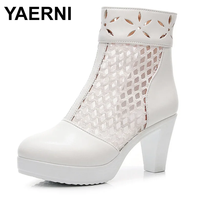 

8cm Small Size 32-43 Breathable Cutout Genuine Leather Boots Summer Platform Shoes Block High Heels Boots for Office Model