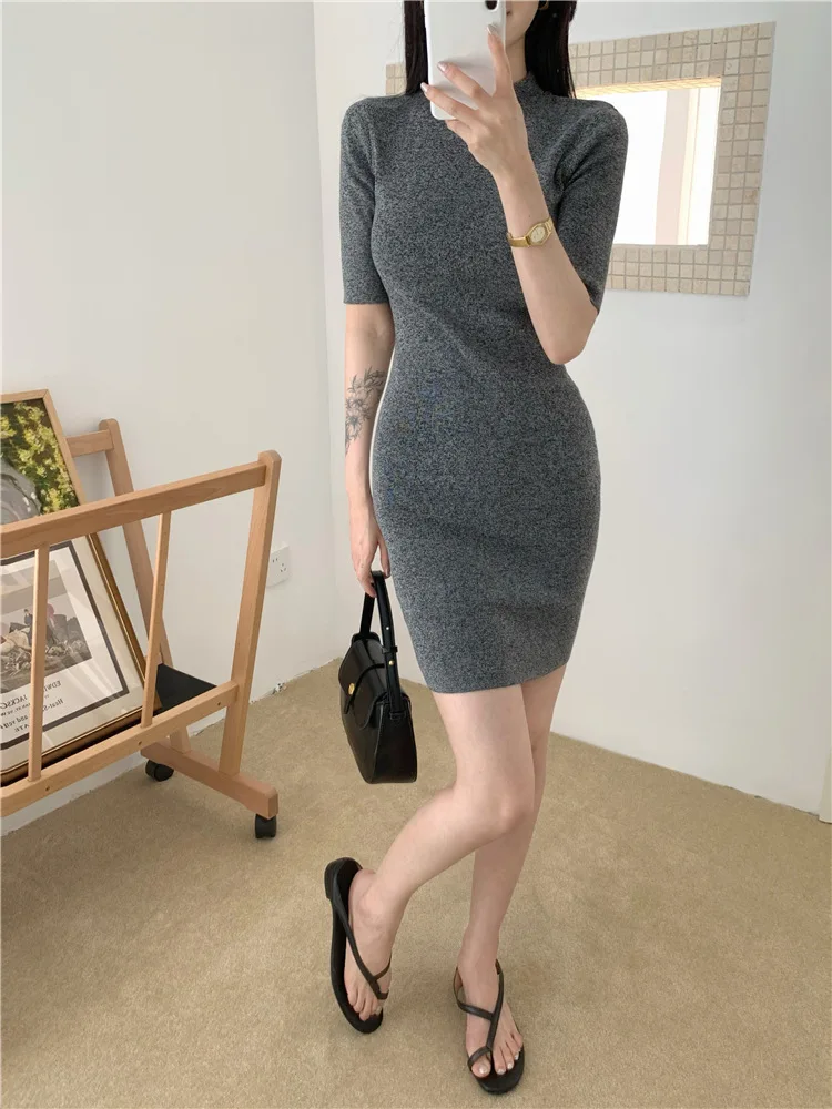 8008 أنيقة Bodycon صيف جديد نصف الياقة العالية الخصر التخسيس مثير الأزهار رمادي محبوك فستان قصير للنساء #6