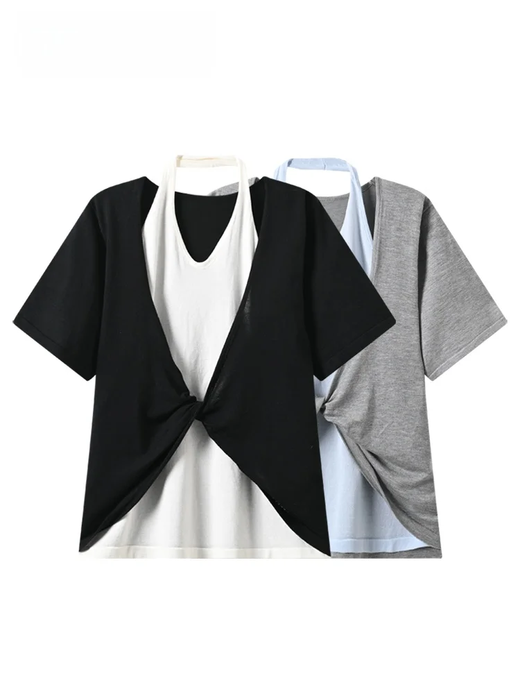 

Loose Short Sleeve Women's T-shirt Summer New Style plus Size Casual Versatile Fake Two-Piece Top Trendy for Plump Sister