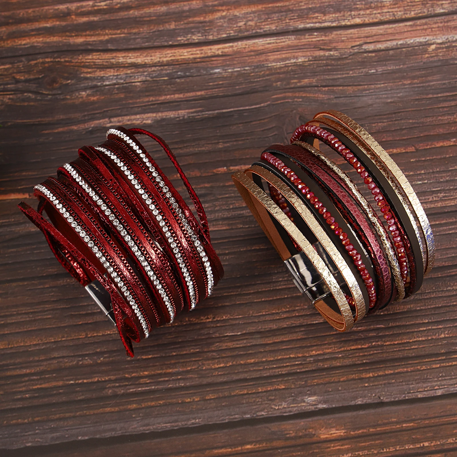 

Amorcome Classic Red Multi Layered Stackable Leather Bracelet for Women Rice Bead Thin Chain Wrapped Bangle Jewelry Accessories