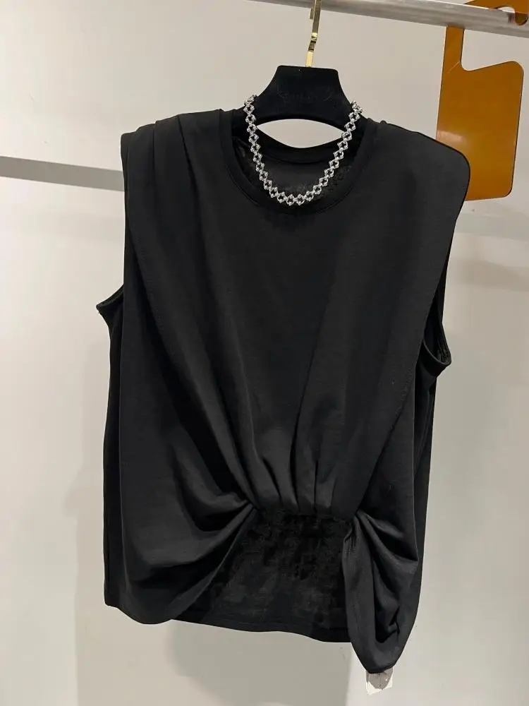 SuperAen Summer 2026 New Europe and America Style O-neck Asymmetrical Pleated Design Padded Shoulder Sleeveless Casual T-shirts