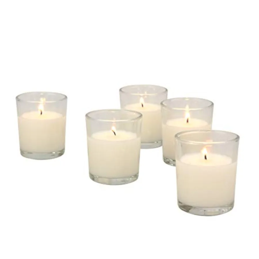 

Pack Unscented Long Burning Clear Glass Wax Filled Votive Candles
