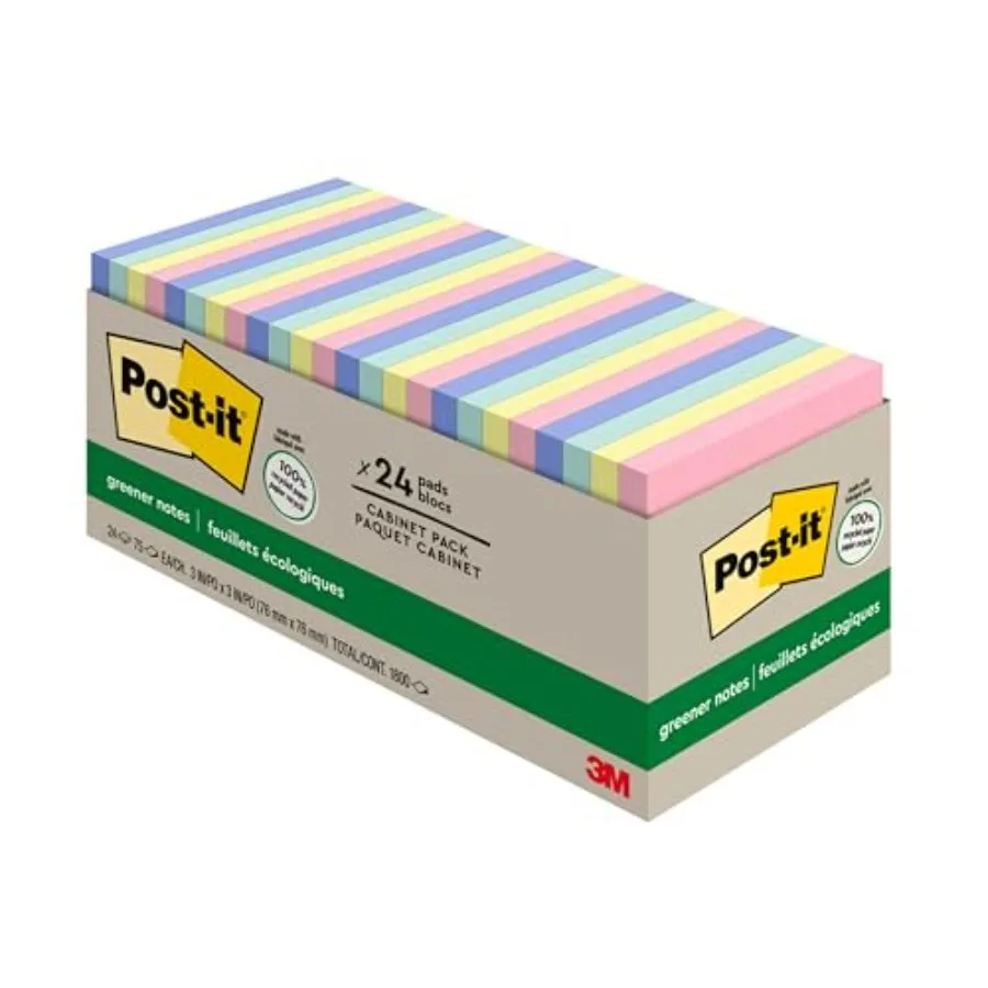 

Greener Sticky Notes 24 Pads, Pastel Colors, Clean Removal for Office & Home