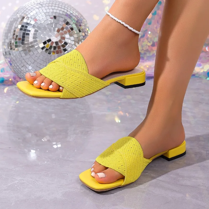 Comfortable Yellow Knit Slide Sandals for Women - 2CM Block Heel Square Toe Open Toe Slip-On Summer Casual Shoes