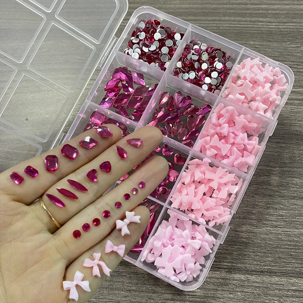 

12Grids 3D Pink Bowknot&Rose-Red Rhinestone Nail Charms Mixed Round/Heart/Square/Rhombic Diamond Nail Decor DIY Nails Accessorie