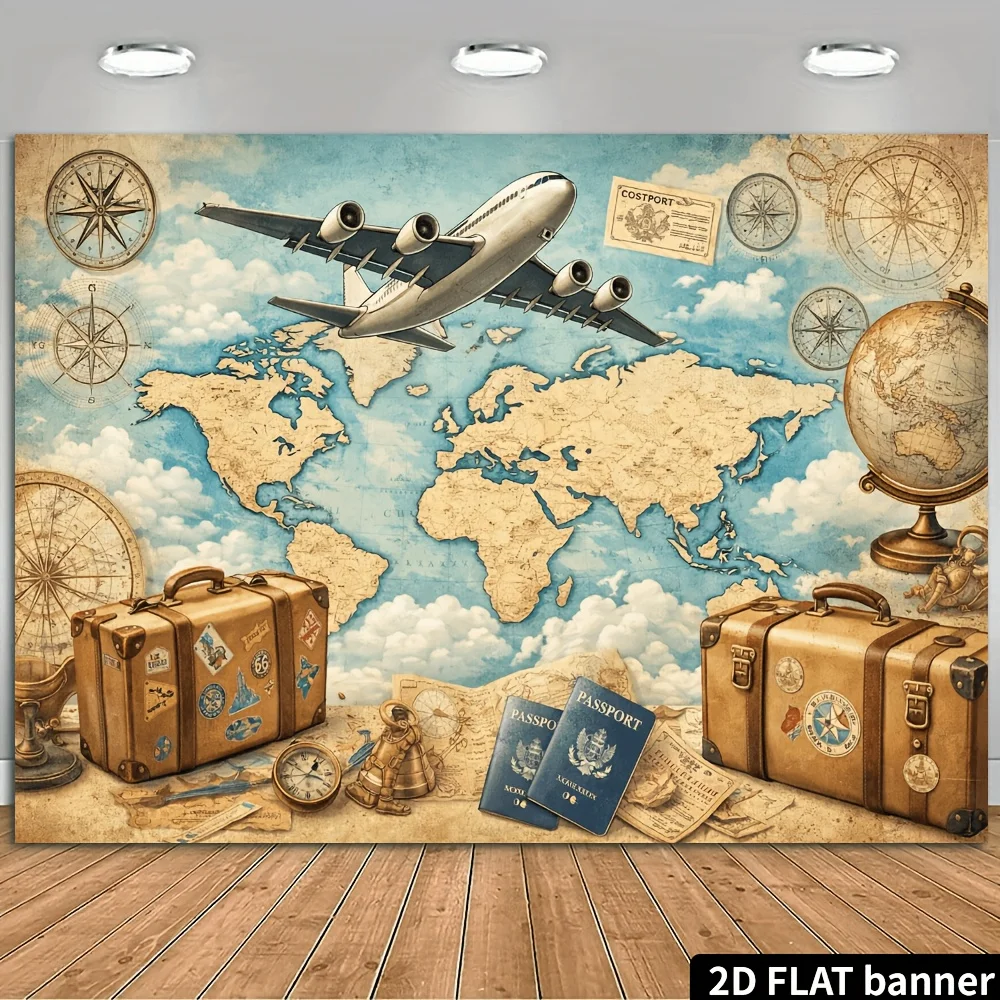 2D Plane Retro Travel Theme Background Cloth - Elements of the Old World Map, Global Travel Theme Event