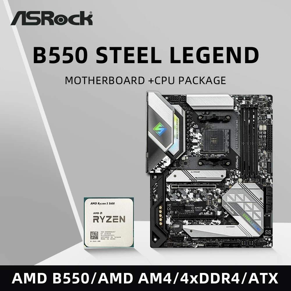 Juego de placa base ASRock B550 Steel Legend con CPU Ryzen 5 5600 4xDDR4 4733MHz M.2 NVME HDMI AMD B550 ATX AM4