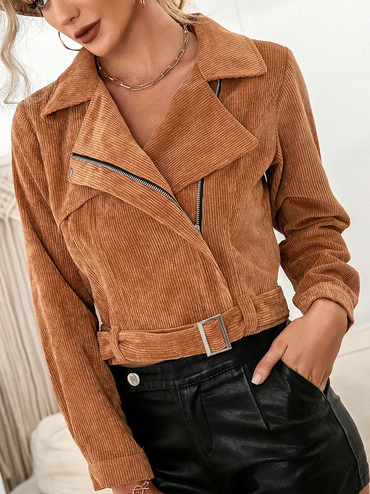 

Women's Cropped Top Casual Slim Solid Notched Long-sleeved Corduroy Autumn Windproof Slim Fit Short Jacket Ladies Office Clothes