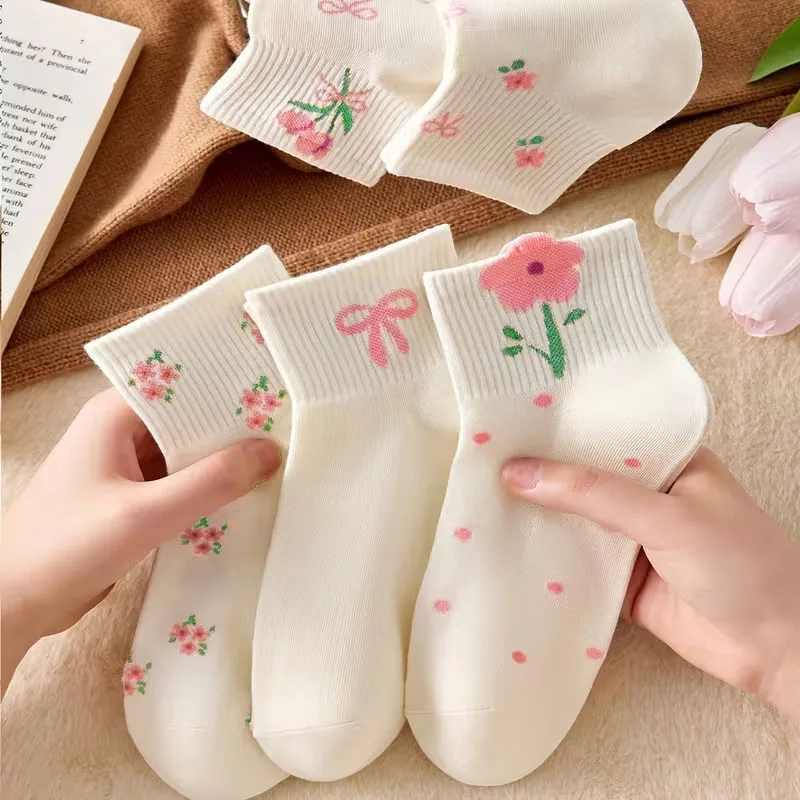 5 Pairs Girls Socks Cute Small Floral Pattern Bow Flower Comfortable Breathable Kids Socks image 4