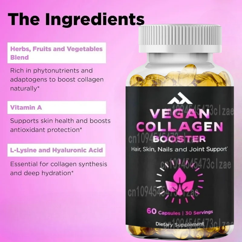 Plant Based Collagen Supplement - Supports Hair, Skin, Nails, and Joints - Contains Hyaluronic Acid -60 Capsules