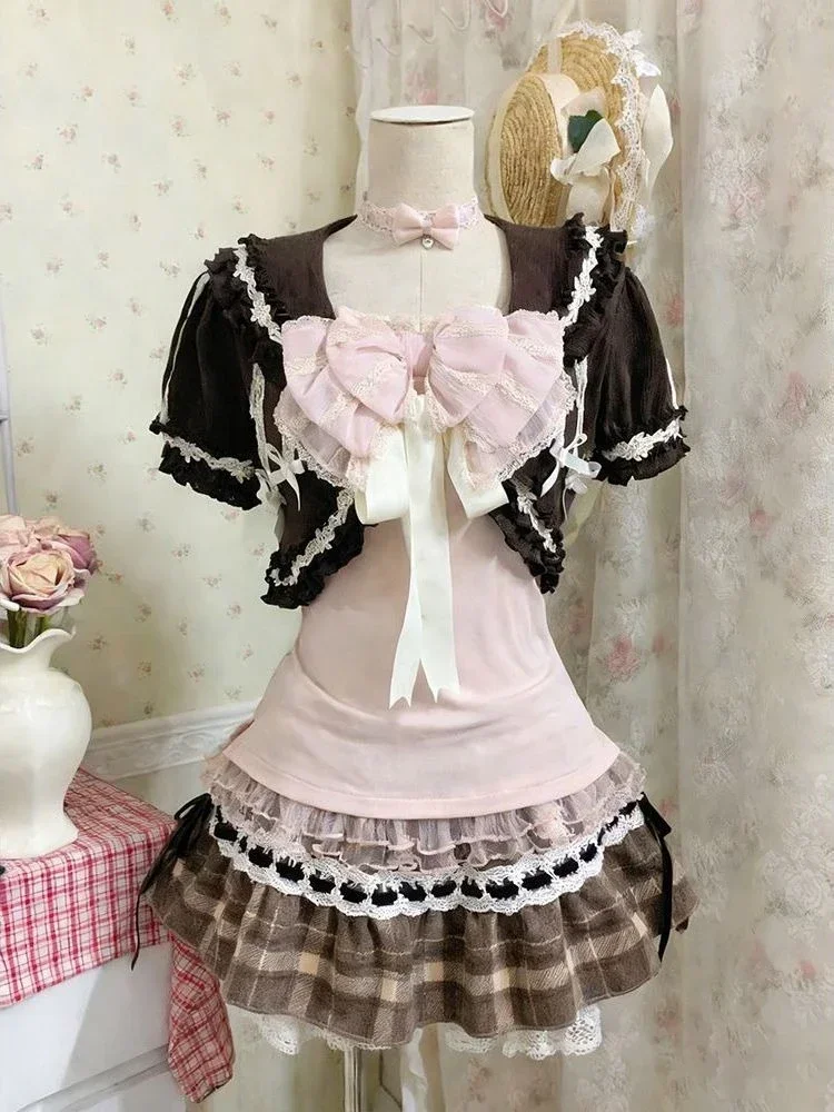 Sweet Lolita Vintage Suits Women Ruffles Cardigan + Sexy Y2k Corset Vest + Mini Skirts Autumn Korean Elegant 3 Piece Dress Sets