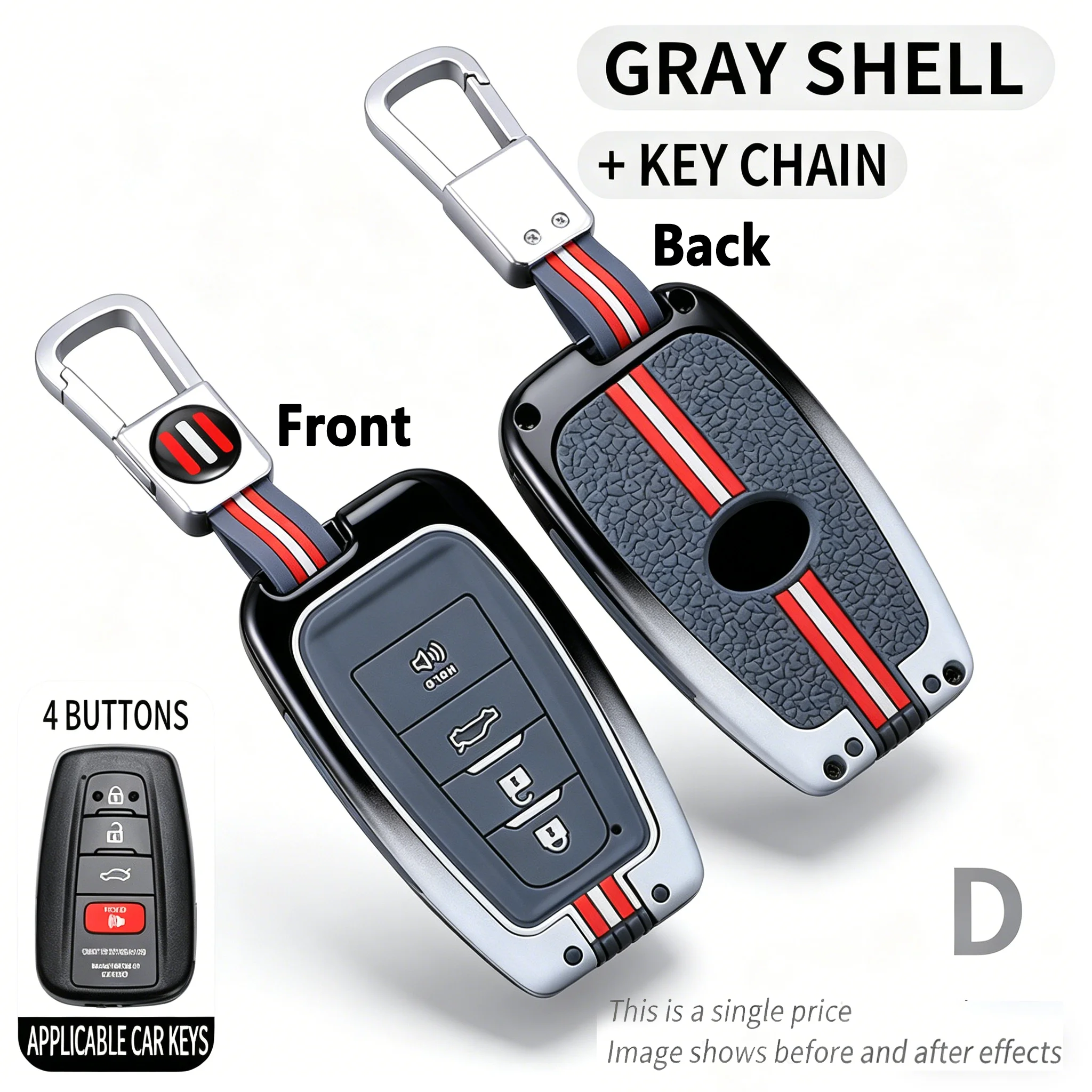 

Gray Metal Key Fob Cover for Toyota Camry Corolla RAV4 3-Button Flip Key Protector with Keychain