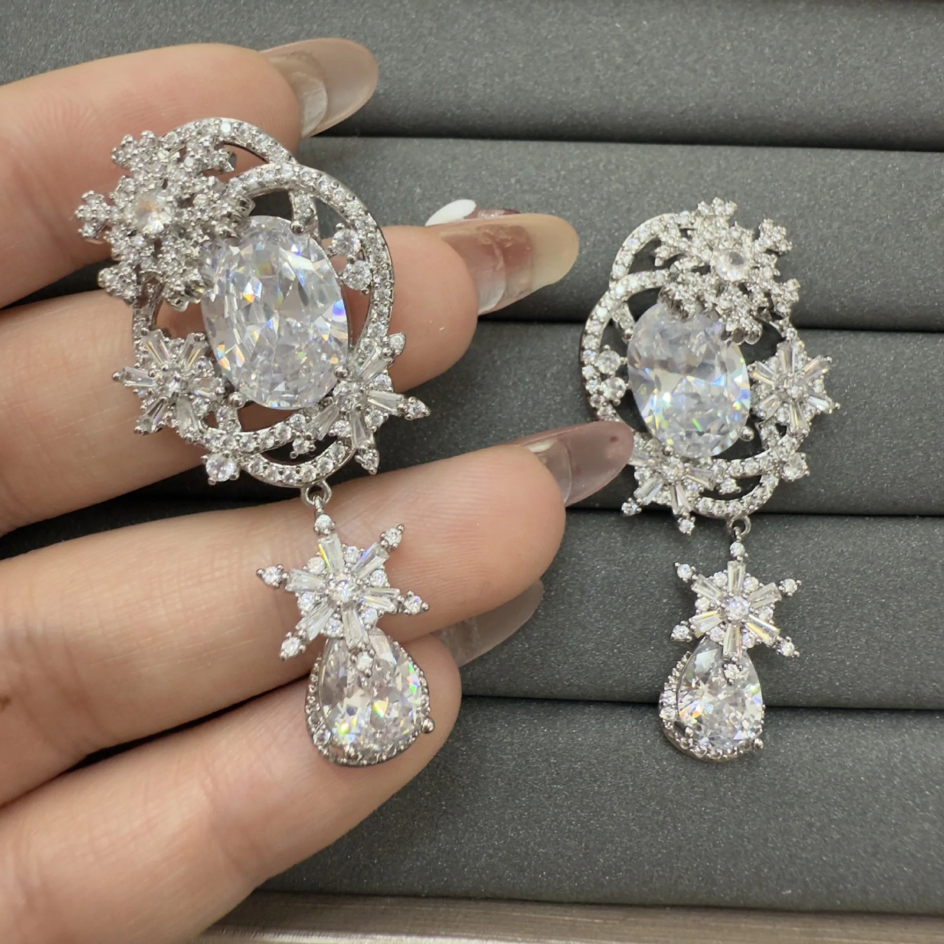 

luxury zirconia earrings for women unique design dinner party flower star dangling earrings anniversary gift female