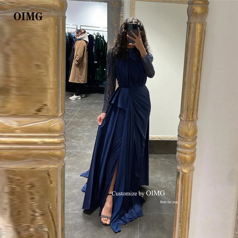 

OIMG Modest Navy Blue Lace Top Arabic Women Evening Dresses Glitter O-Neck Long Sleeves Split Silk Satin Formal Occasion Gowns