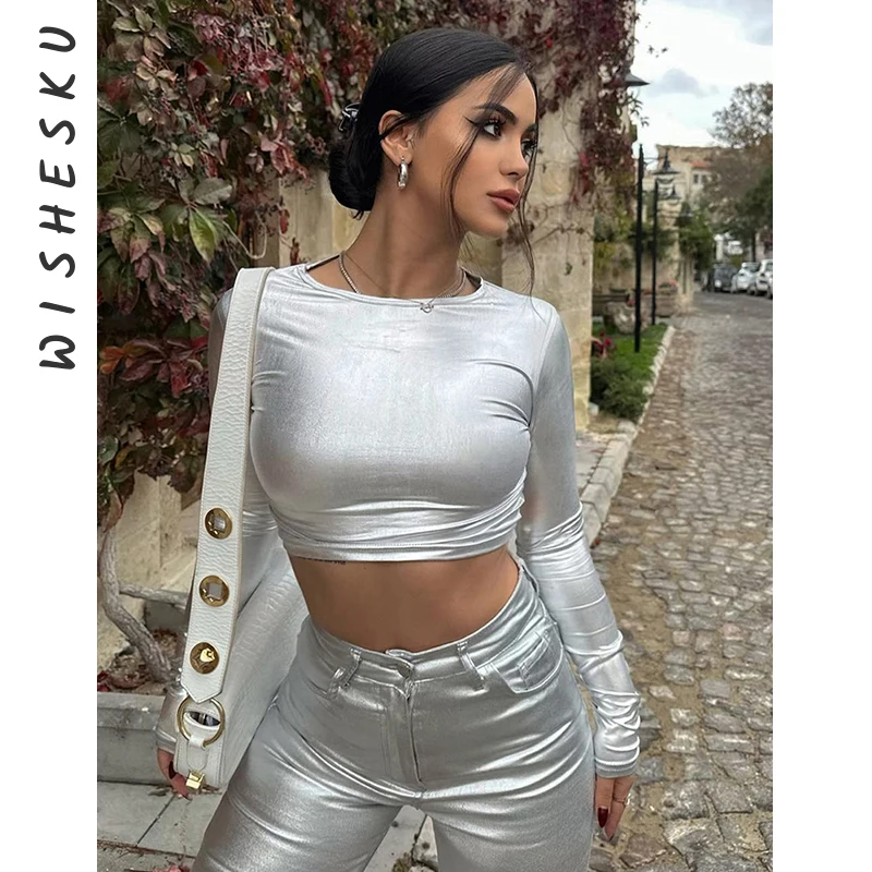 

Fashion Fake PU Rave Festival Tops for Women Club Party Solid Long Sleeve Cropped Tops Pullover Slim Clothes 2023 Spring Fall