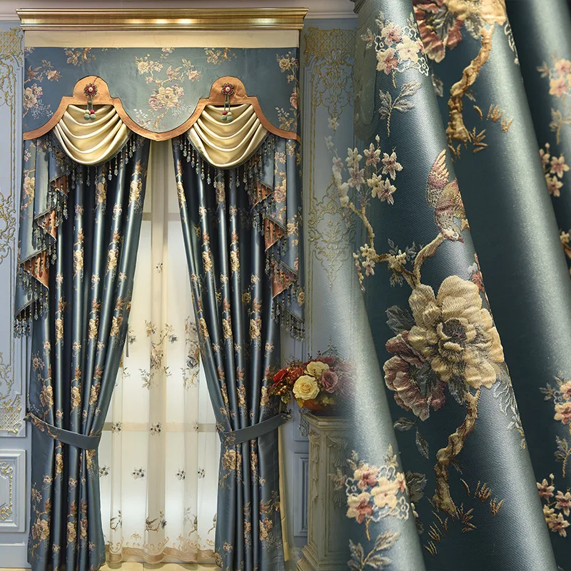 

Custom American high precision jacquard villa relief process shading blue cloth blackout curtain tulle valance drape C1712