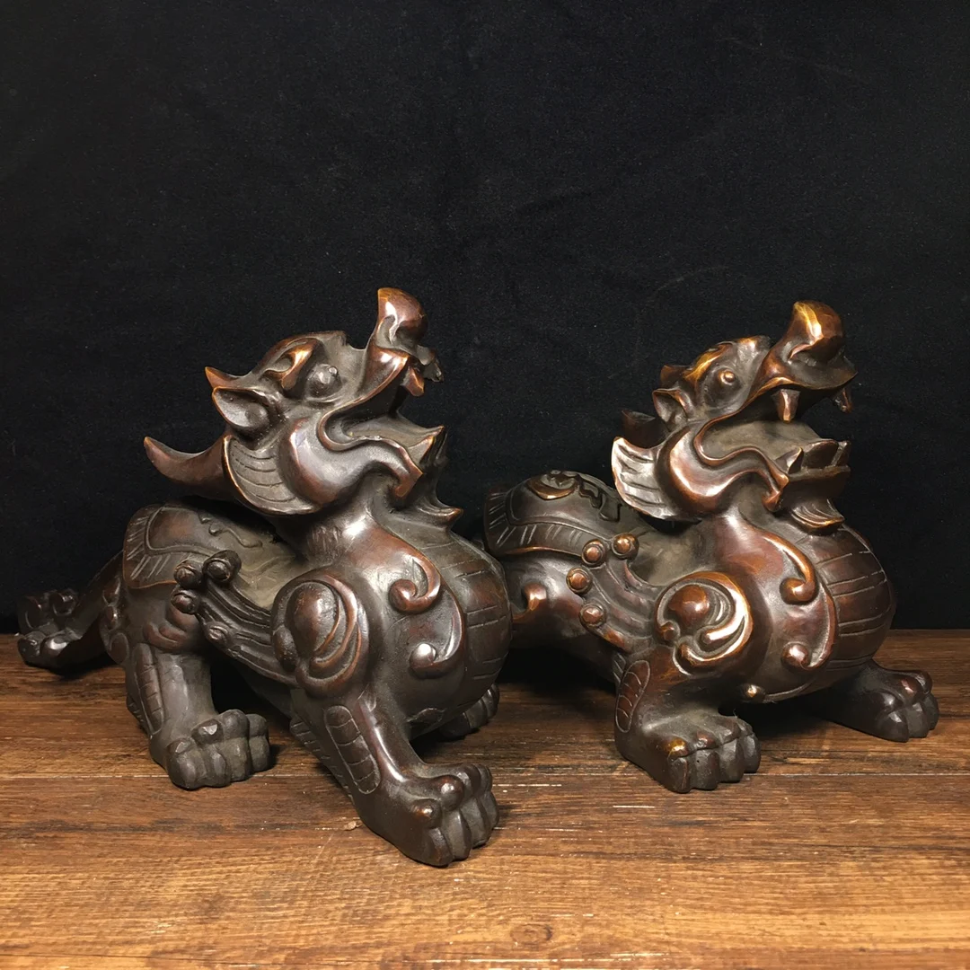 

10"Tibetan Temple Collection Old Bronze Cinnabar Brave Troops Pixiu Statue A Pair Gather fortune Nafo ornament Town house