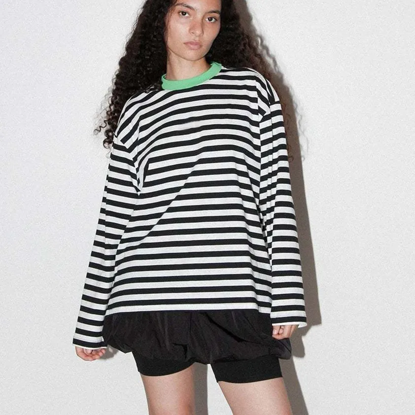 Imcute المرأة الخريف تي شيرت مخطط فضفاضة تناسب عادية أنيق التباين تقليم طاقم الرقبة طويلة الأكمام الأساسية القمم موضة الشارع الشهير