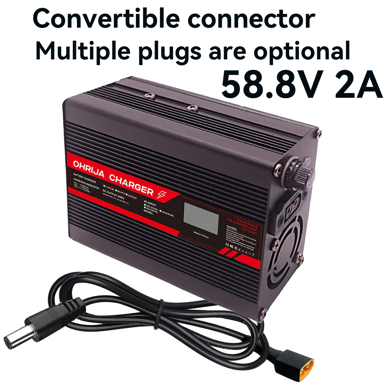 58.8V 2A Lithium Battery Fast Charger for 14S 51.8V OLED Display & Interchangeable Connector Fast stabilization with cooling fan