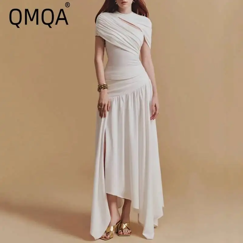 QMQA Fashion Women's  Elegant 2 Pcs Set Hollow Out Pleated Cape Sleeve Top Irregular Side Split Skirt Sets 2025 Clothing QM596
