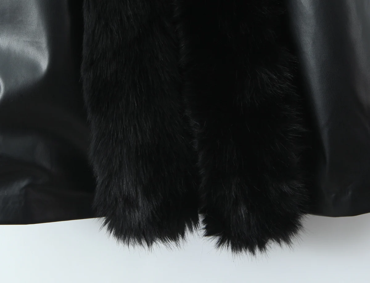 秋冬 ブラック シャギー フェイクファー ラペルカラー フェイクレザーコート レディース ボウタイ サッシュ ロングスリーブ ボタンなし ミディ丈 トレンチコート アウター