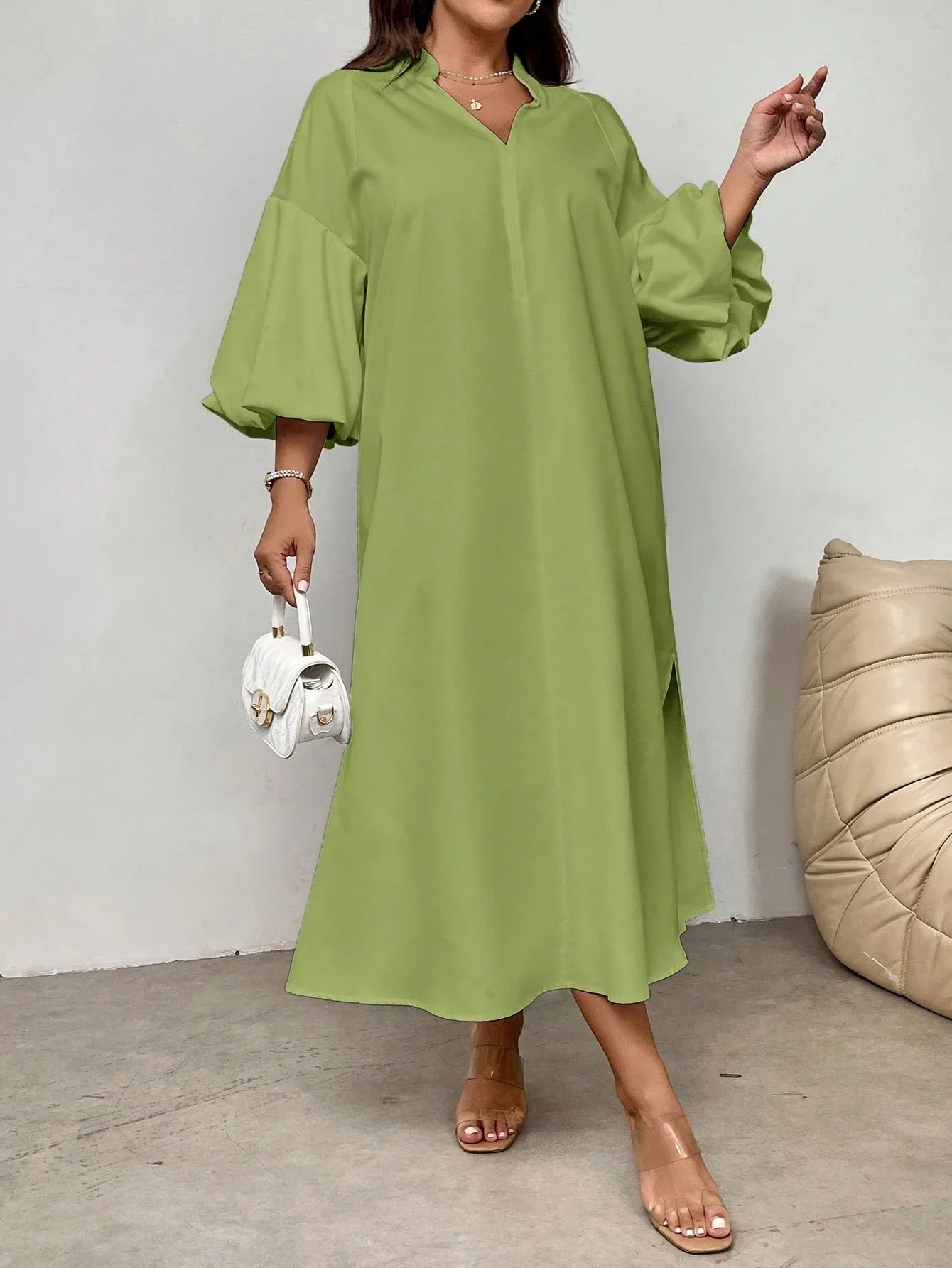 

Elegant Loose Lantern Sleeve Stand Collar Midi Dress For Summer Vacation Beach Date Party