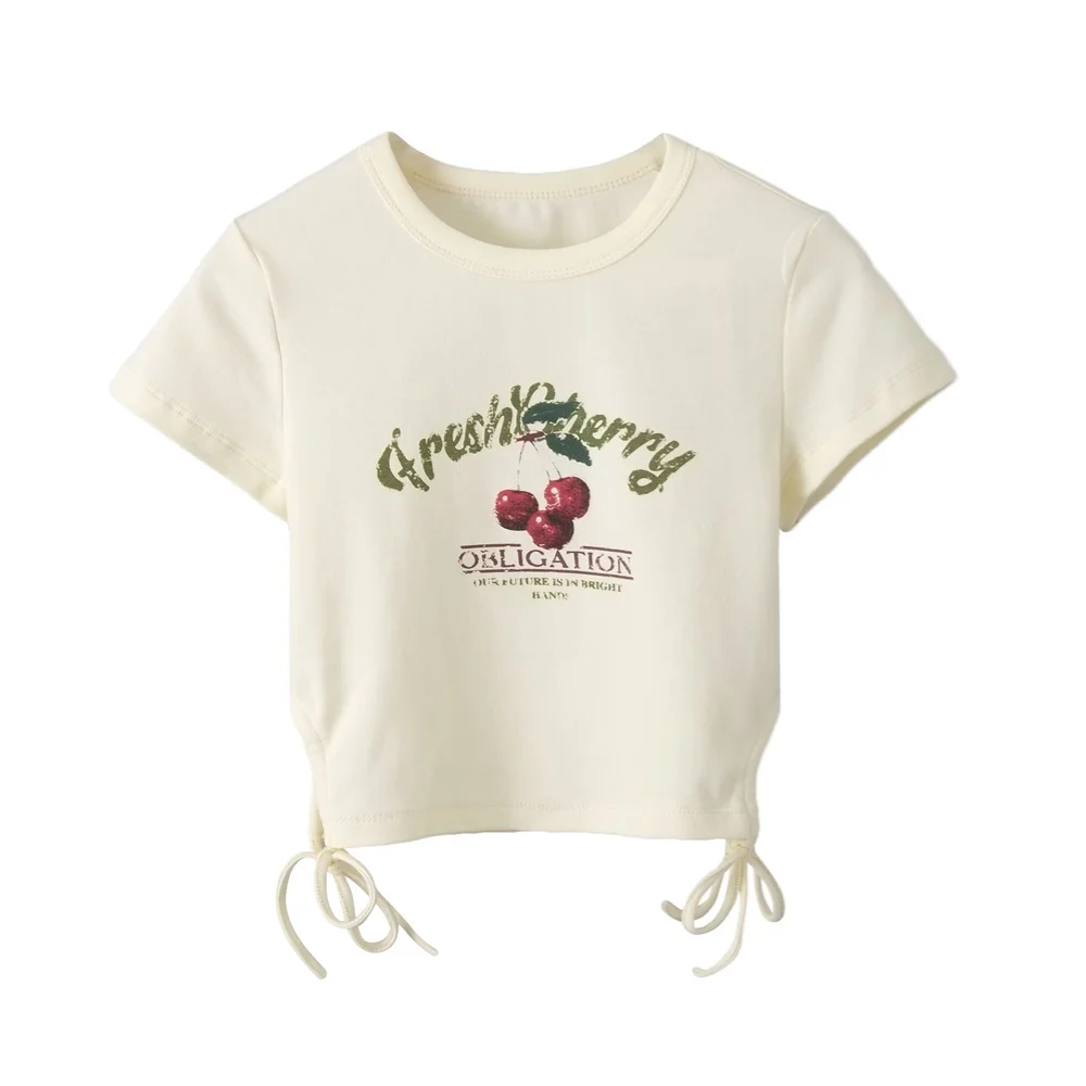 

Taop&Za 2024 Autumn New Product Women's Fashion Slimming Sweet Wind Side Waist Drawstring Strap Printed Short Sleeve T-shirt